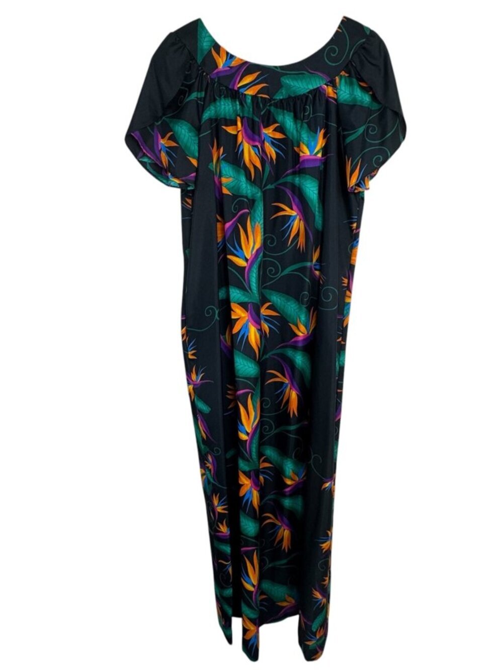 Hilo Hattie Vintage Hawaiian Bird of Paradise Maxi Dress Muumuu Size Lrg Black
